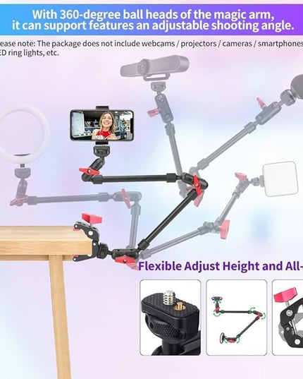22" Magic Arm Camera Mount, Articulating Arm Tripod Clamp w Thread Adapter, Friction Camera Boom Arm, Overhead Desk Mount Clamp Stand for Phone, Webcam, Mic, Video Rig, Tripod Light