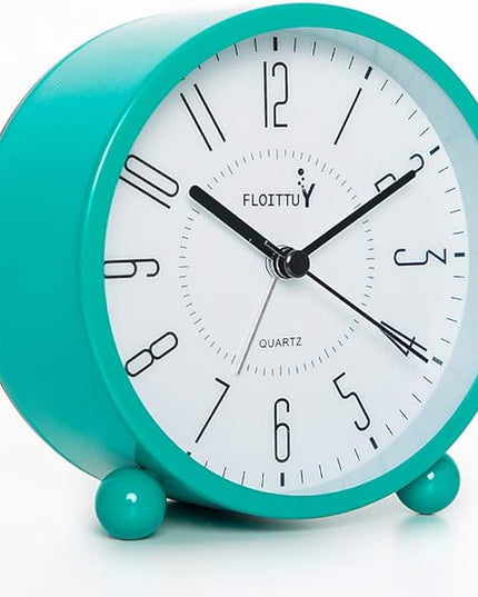 FLOITTUY Super Silent Metal Alarm Clock,Beep Wake Round Alarm Clock with Night Light,Battery Operated,Easy Set,Simple & Retro for Desk, Bedroom and Home Decoration(Lake Blue)