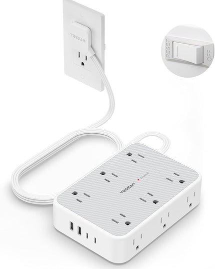 TESSAN Extension Cord 10 ft Surge Protector Power Strip, 12 Outlet Extender with 4 USB (2 USB C), 1800 Joules Protection, Flat Plug, Flat Extension Cord with Multiple Outlets, for Home, Office, Dorm