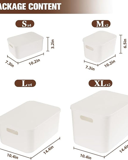 ANMINY 12PCS Plastic Storage Bins Containers with Lids, Large White Storage Organization Bins Boxes, Lidded Plastic Storage Baskets for Closet Shelves Drawers Desktop Home Office, White