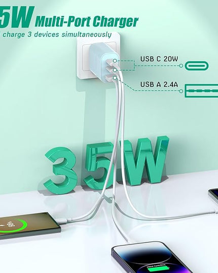 [2-Pack]iPhone 17 Charger Block,35W 3-Port Fast USB C Charger Block Wall Plug Multiport USB C Wall Charge Block for iPhone 17/17 Air/ 17 Pro/17 Pro Max/16/15/14/13/12, iPad Pro/iPad Air,iPad mini,iPad