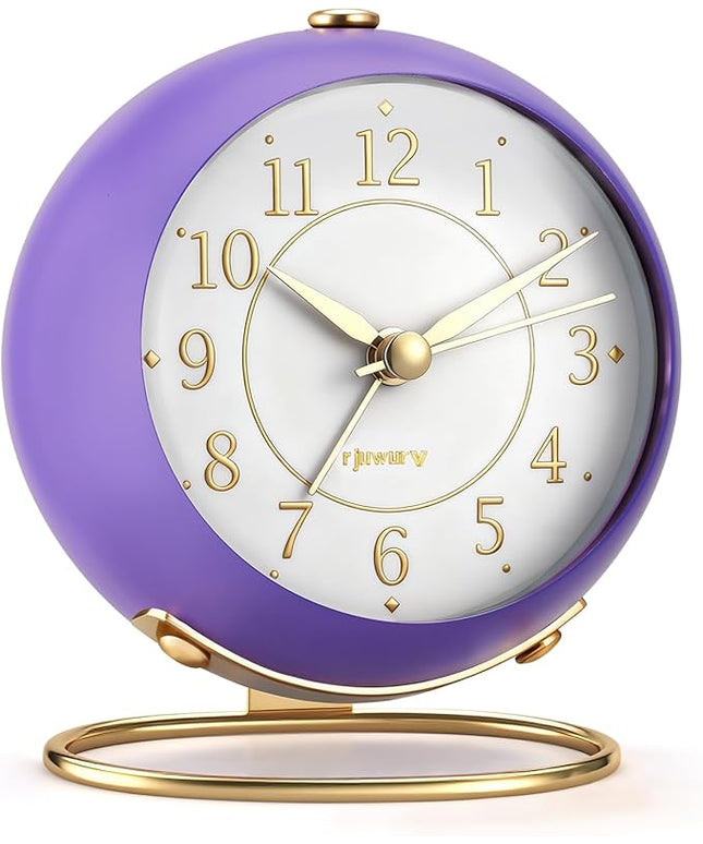 rjuwurv Metal Desk Alarm Clock, Retro Bedroom Table Vintage Analog Silent Non-Ticking Gold Alarm Clock, Bedside Decor(Violet Purple)