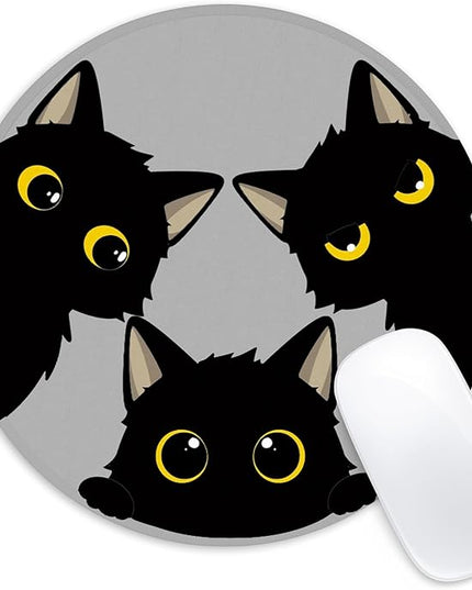 Cute Black Cats Round Mouse Pad, Funny Small Mouse Mat with Non-Slip Rubber Base, Home Office Decor Desk Accessory, 8.7 Inch Round