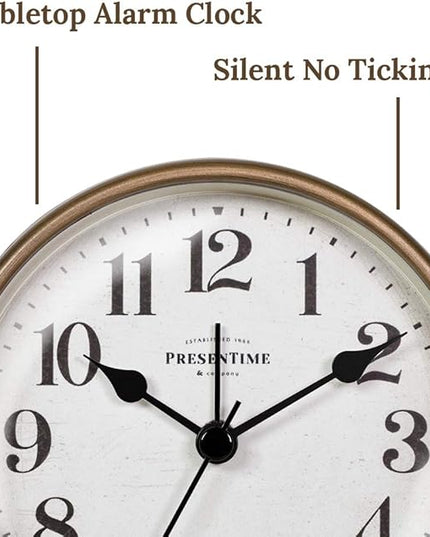 Presentime & Co 4" Vintage Tabletop Alarm Mantel Clock, Desk and Shelf Clock, Silent no Ticking, Rustic Grey Oak and Antique Gold Finish. Tabletop Décor, Home Décor, Farmhouse Décor.