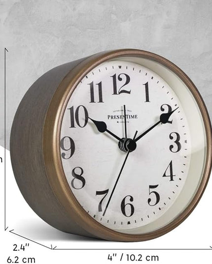 Presentime & Co 4" Vintage Tabletop Alarm Mantel Clock, Desk and Shelf Clock, Silent no Ticking, Rustic Grey Oak and Antique Gold Finish. Tabletop Décor, Home Décor, Farmhouse Décor.