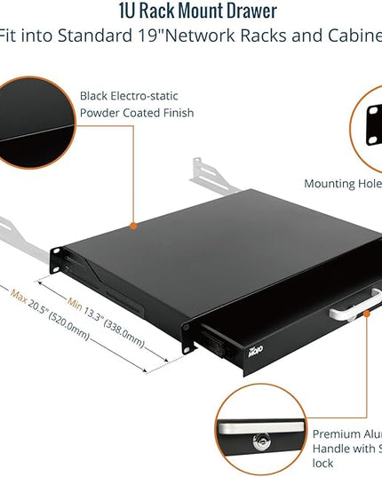 Tecmojo 1U Rack Drawer,Rack Mount Drawer for 19in Network Equipment/Server/AV Rack or Cabinet Enclosure,Sliding and Lockable Server Rack Drawer - Load-Bearing 22lb (10kg),with Cable Management Holes
