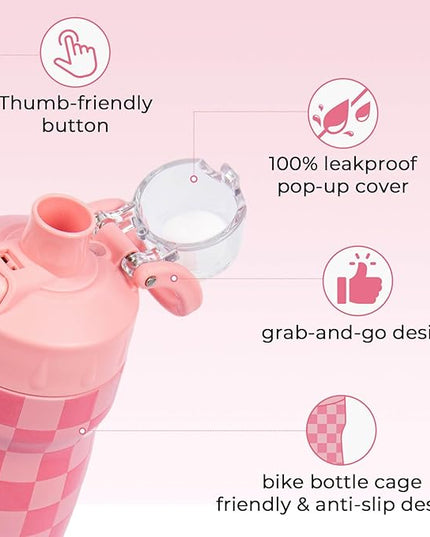 Magnetic Water Bottle with Straw 18 oz - Stainless Steel Insulated Tumbler for Gym & Bike (Fits Holders) - Leak Proof Pop-Up Lid, 2-in-1 Sip or Chug, Handle & Cute Pink Checkered Print