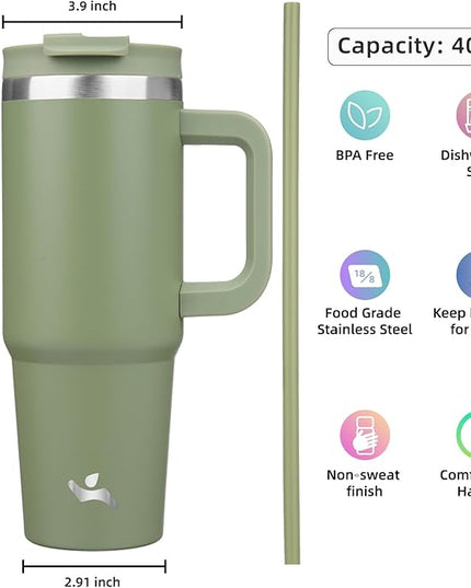 40 oz Tumbler with Handle and 2 Straws,2 in 1 Lid Insulated Water Bottle Stainless Steel Travel Coffee Mug,Army Green