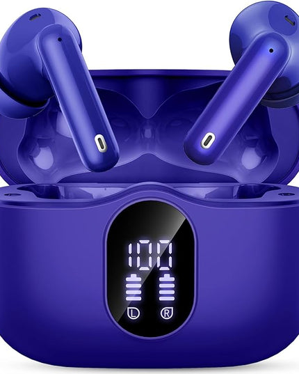 Wireless Earbuds, Bluetooth 5.4 Headphones Bass Stereo, Ear Buds with Noise Cancelling Mic, LED Display in Ear Earphones Clear Calls, IP7 Waterproof Bluetooth Earbuds for Laptop/Phones, Dark Blue