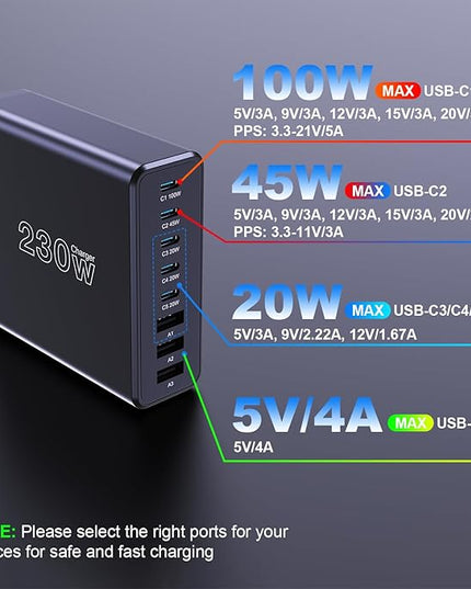 230W USB C Charging Station, Graaci Compact 8 Ports GaN Desktop Charger, PD 100W PPS 45W Super Fast Charger, Laptop Wall Charger Block for MacBook Pro, iPad, iPhone 15/14, Galaxy S24/S23, and More