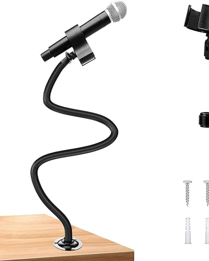 Microphone Holder - 23.6 inch Long Arm Gooseneck Desktop Mic Stand,Mic Arm Wall Mount,Metal Base Mic Clip 3/8" to 5/8" Adapter for Walls/Desk/Podium,Compatible with Shure/Fifine/AT2020/Pyle/Razer