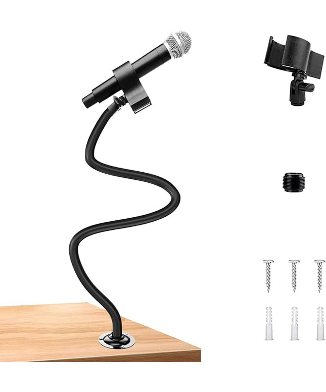 Microphone Holder - 23.6 inch Long Arm Gooseneck Desktop Mic Stand,Mic Arm Wall Mount,Metal Base Mic Clip 3/8" to 5/8" Adapter for Walls/Desk/Podium,Compatible with Shure/Fifine/AT2020/Pyle/Razer