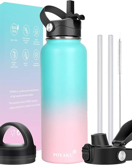 Water Bottle Insulated 32oz 40oz 64oz 128oz Straw Lid Spout Lid & 3 Lids, Leak Proof, Vacuum Insulated,Stainless Steel Water Bottle Wide Mouth for Sports, Gym or Office