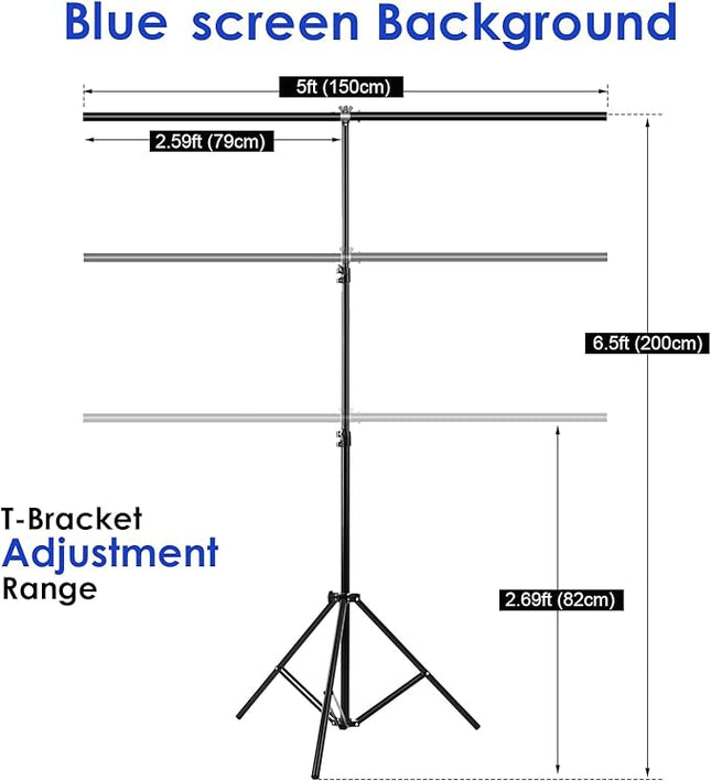 Blue Screen Backdrop Kit, Portable Bluescreen Background with T-Shaped Stand, 5 Clamps & Carrying Bag for Photography, Streaming, Zoom, Gaming, (Blue, 6.5 Feet X 5.0 Feet)