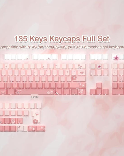 Tsungup PBT Keycaps Cherry Blossom Keycap Set - Custom Side Printed Pink Keycaps,135 Keys Gradient DoubleShot Sakura Key caps Cherry Profile Keyboard Key caps for Mechanical Keyboards