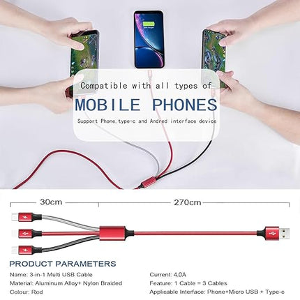 Multi Charging Cable, 10Ft 2Pack Multi Fast Charger Cable Braided Universal 3 in 1 Multi Charging Cord Long USB Cable Adapter IP/Type C/Micro USB Port for Cell Phones/iPhone/Tablets/Samsung/More
