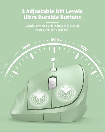 Ergonomic Wireless Mouse with USB Receiver for PC Computer, Laptop and Desktop, Ergo Vertical Mouse with Silent Clicks Long Battery Life, Up to 1600 DPI & 1 AA Battery Powered, Green