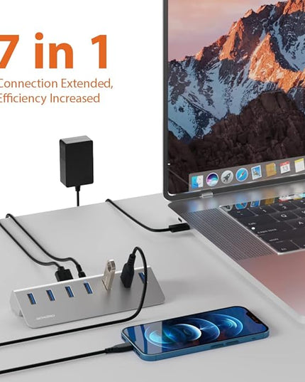 Achoro 7 Ports Powered USB HUB – 2nd Generation 10GB Super Speed External USB Port – USB 3.2 Aluminium USB Hub for Computer, Mac, PCs, Smartphone & Tablets – Computer Multiple USB Hub (POWERED SILVER)