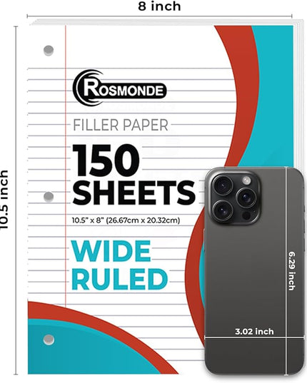 Rosmonde Loose Leaf Paper, 900 Sheets, 6 Pack, Wide Ruled, 8" x 10.5", 56 gsm Bulk Office Filler Sheets, 3 Hole Punched, 150 Sheets/Pack, Wide Ruled for 3 Ring Binder, Notebook Paper, White