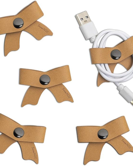 SenseAGE 5 Pack Cord Organizer, Bow Cord Keeper, Cable Organizer USB Holder, Leather Cable Management, Cable Straps, Earphone Winder, Storage Straps for Electronics, Earbuds (Camel Brown, Small)