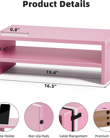 Marbrasse Monitor Stand Riser, 16.5 Inch 2 Tier Computer Printer Shelf Stand for Laptop Computer Screen Storage, Desktop Stand with Phone Holder and Cable Management (Pink)