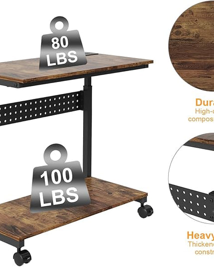 Computer Tower Stand with Charging Station, Height Adjustable 2-Tier CPU Stand with Power Strip and USB Ports, PC Tower Cart with Wheels and Printer Shelf, Rustic Brown and Black
