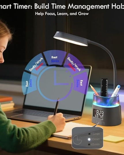 WILIT LED Desk Lamp for College Dorm Room Essentials, Students Study Lamp with Charging Station, Pen Holder, Clock & RGB Night Light, Office Desk Accessories, Table Lamp for Bedroom - Gray