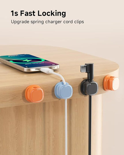 9 Pack Cord Organizer, Spring Cable Management, Adhesive Cute Cable Holder Clips, Phone Charger Wire Keeper for Desk Nightstand Car Office (9-Pack Black_Orange_Blue)