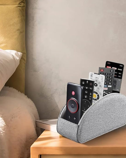 PU Leather Remote Control Holder,TV Remote Caddy with 5 Compartments,Bedside Table or Desktop Organizer for TV,DVD,Blu-Ray,Heater Controllers and Glasses,Media Player,Pen or Pencil Storage(Grey)
