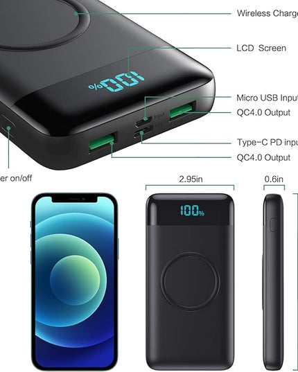 Wireless Portable Charger 30,800mAh,15W Wireless Charging USB C Power Bank,25W PD QC 4.0 Fast Charging 4 Outputs Travel Essentials Battery Pack Compatible with iPhone 17/16/15/14/13/12,Galaxy,Android