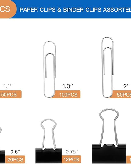FUDAO FAMILY Paper Clips & Binder Clips, 340 PCS Assorted Sizes, Silver & Black, Metal, Medium, Large, Small