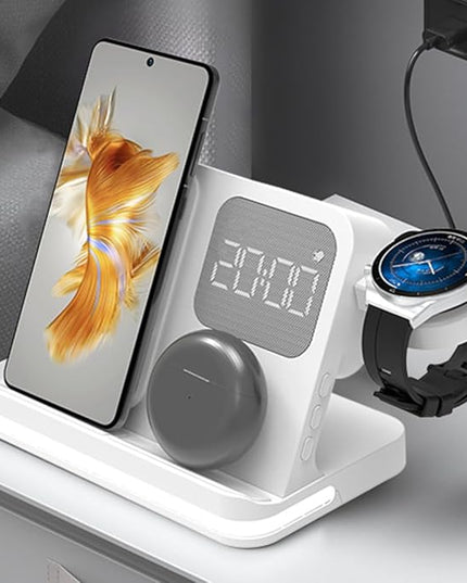 AYI 4in1 Multi Functional Wireless Charging Station with Digital Alarm Clock 15W Fast Charger Night Light Wireless Charger for All Qi Phone and Earbud Headphone Compliant with i-Watch-B22 White
