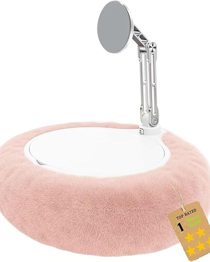 Fuzzy Pillow Phone Holder with Snack Bowl, Adjustable 360° Rotating Magnetic Stand for Phone/Tablet/Kindle iPad, Soft Plush Fabric, Detachable Snack Bowl for Reading for Bed (Magnetic-Pink)