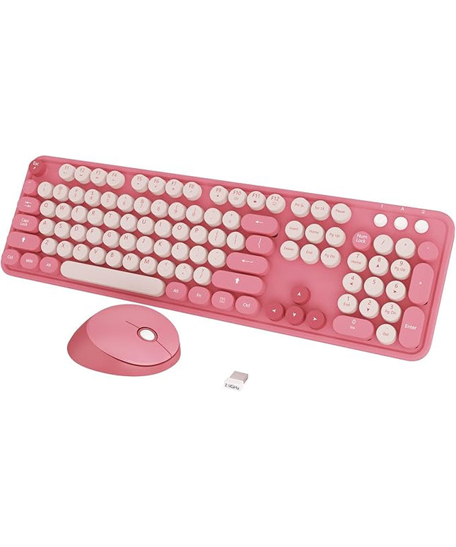 Wireless Keyboard,KOOTOP Cute Colorful 104 Keys Typewriter Retro Round Keycaps Keyboard for PC Laptop,Desktop,Windows, Home and Office Keyboards(Pink)