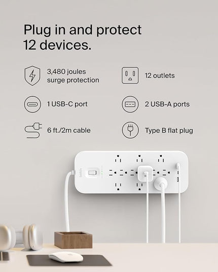 Belkin 12-Outlet Surge Protector Power Strip w/ 12 AC Outlets, 2 USB-A Ports and 1 USB-C Port, 6ft Cable, UL-listed w/ Overload & Overvoltage Protection + On/Off Switch - 3,480 Joules of Protection