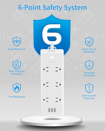 6 Super Wide Spaced Outlet Surge Protector Power Strip with USB, 10 ft Extension Cord Flat Plug Surge Protector Wall Mount, 1700 Joules, 1875W, 15A Circuit Breaker for Home Office Accessories, White