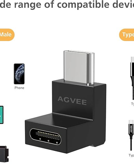 AGVEE 4 Pack Front Angle 90 Degree USB-C Male to USB-C Right Angled Female Adapter (Type-C 3.2 Gen 2) Converter Video Type-C 10G Data Extension Coupler Converter Connector, Black
