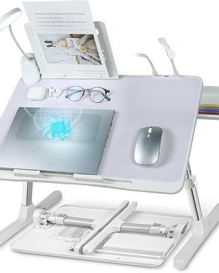 iXTRA Laptop Lap Desk with Cooling Fan - Adjustable with Light, USB, Storage Drawer - Folding Bed Desk,23.62"*15.74",Grey