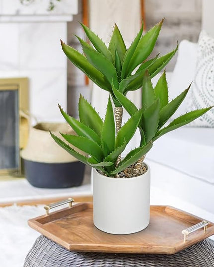 Hollyone Large Artificial Agave Plants Fake Three-Head Agave Succulents Plant Potted 17" Faux Plant in White Pot Succulent Aloe Vera Plants Indoor for Desk Modern Home Decor