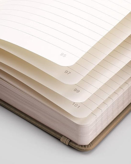 EMSHOI Lined Journaling Notebook - 120gsm Leather Journal with Sticky Notes & 256 Numbered Pages, A5 Hardcover College Ruled Notebook for Work, School, Writing, 5.75”x8.38” - Khaki