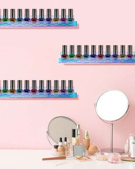 15" Nail Polish Rack Wall Mounted Floating Shelves Acrylic Paints Gel Polish Organizer and Storage with End Caps for Kid Room, Books, Nail Techs, Art Lovers, Great Display Salons, Rainbow