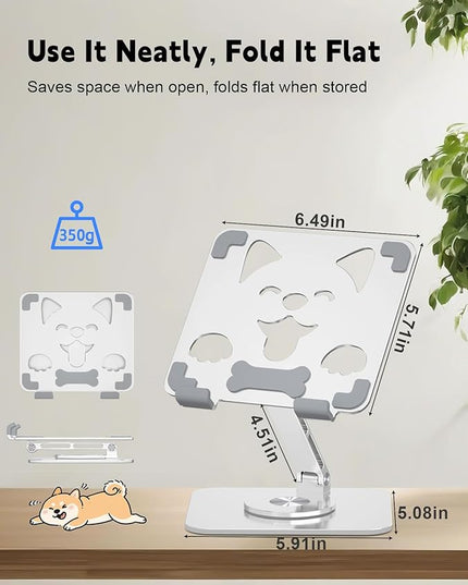 Aoviho Adjustable Tablet Stand for iPad - 360° Rotating Aluminum Desk Holder, Foldable Stable Stand for iPad Pro 12.9/11, Samsung Galaxy Tab, Home Office & Travel, Silver