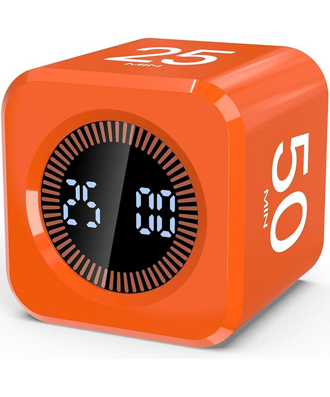 Digital Pomodoro Timer Cube 5/10/25/50min, Visual Productivity Flip Timer for Kids Classroom Desk, Custom Countdown, Silent and Sound Mode for ADHD Study Work Game Kitchen (Orange)