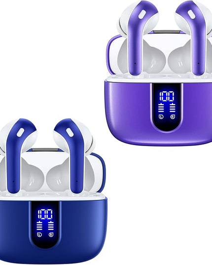 TAGRY 2 Sets X08 Ocean Blue and Phantom Purple Bluetooth Headphones True Wireless Earbuds 60H Playback Ear Buds with Wireless Charging Case in-Ear Earbuds with Mic
