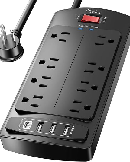 10 Feet Surge Protector Power Strip - Nuetsa Extension Cord(1625W/13A) with 8 Outlets and 4 USB Ports, Flat Plug, 2700 Joules, for Home, School, College Dorm Room, and Office, ETL Listed, Black