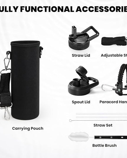 Insulated Water Bottle 24oz, Triple Wall Vacuum Stainless Steel (Cold for 48 Hrs, Hot for 24Hrs), Leak Proof & Non-BPA, 24oz Hydro Water Flask with Paracord Handle & Straw Spout Lids