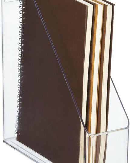 mDesign Plastic Slim Vertical File Folder Storage Organizer Bin with Handle - Hold Notebooks, Binders, Envelopes, Magazines for Home Office, Work Desktops, Ligne Collection, Clear