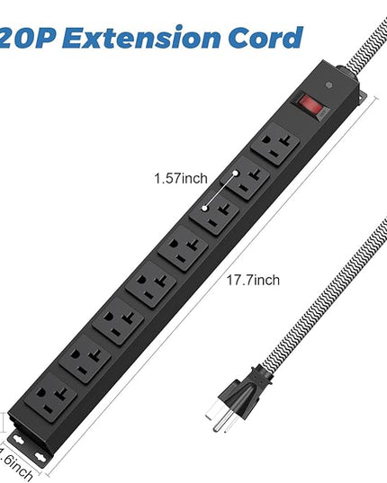 20 Amp Power Strip Heavy Duty, 12 Gauge Extension Cord for Appliance Workbench Garage Industrial, Metal 8 Outlets Combine with T-Plug Adapter 5-20R T-Slot, 1200J Surge Protector