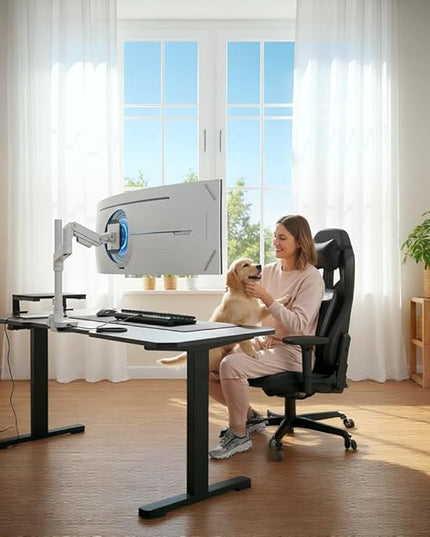 ARES WING Heavy Duty Monitor Arm with USB A/C, Tall Ultrawide Monitor Arm for 17 to 49 inch Screen, Holds 44 lbs, Adjustable Gas Spring Desk Mount, White