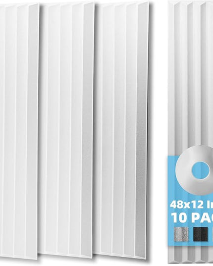 Art3d 10-Pack Peel and Stick Acoustic Panels with Acrylic Tape - 12 x 48 inches, Self Adhesive Sound Absorbing Polyester Wall Panels for Home Office Studio, White